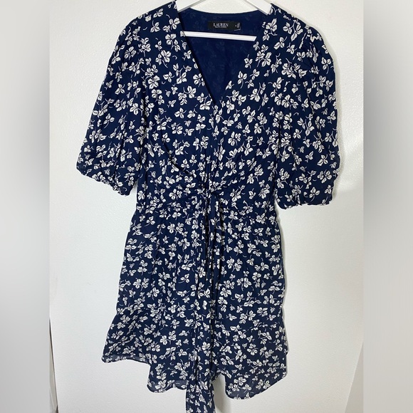 Lauren Ralph Lauren Floral Dress Womens Size 8 Puff Sleeves Blue Mini Bow Polo - Picture 2 of 13